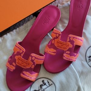 Hermes SANDAL Fuschia Orange Canvas Brides De Gala Strap  Leather 40EU=10US New